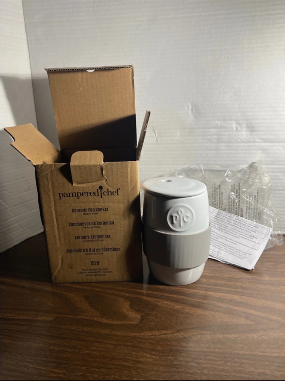Pampered Chef White Ceramic Egg Cooker with Gray Grip